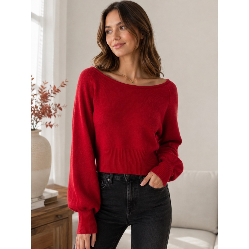 Venus Women Red Cropped Balloon Sleeve Knit Sweater Scoop Neck Large